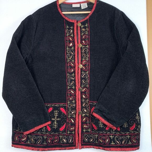 White Stag Jackets & Blazers - White Stag Vintage Black Embroidered Zip Front Jacket Size XL